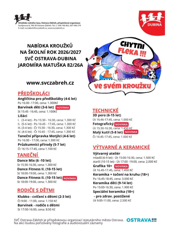 Výpis jednotlivých kroužků z nabídky na školní rok 2026/2027 SVČ Ostrava-Dubina