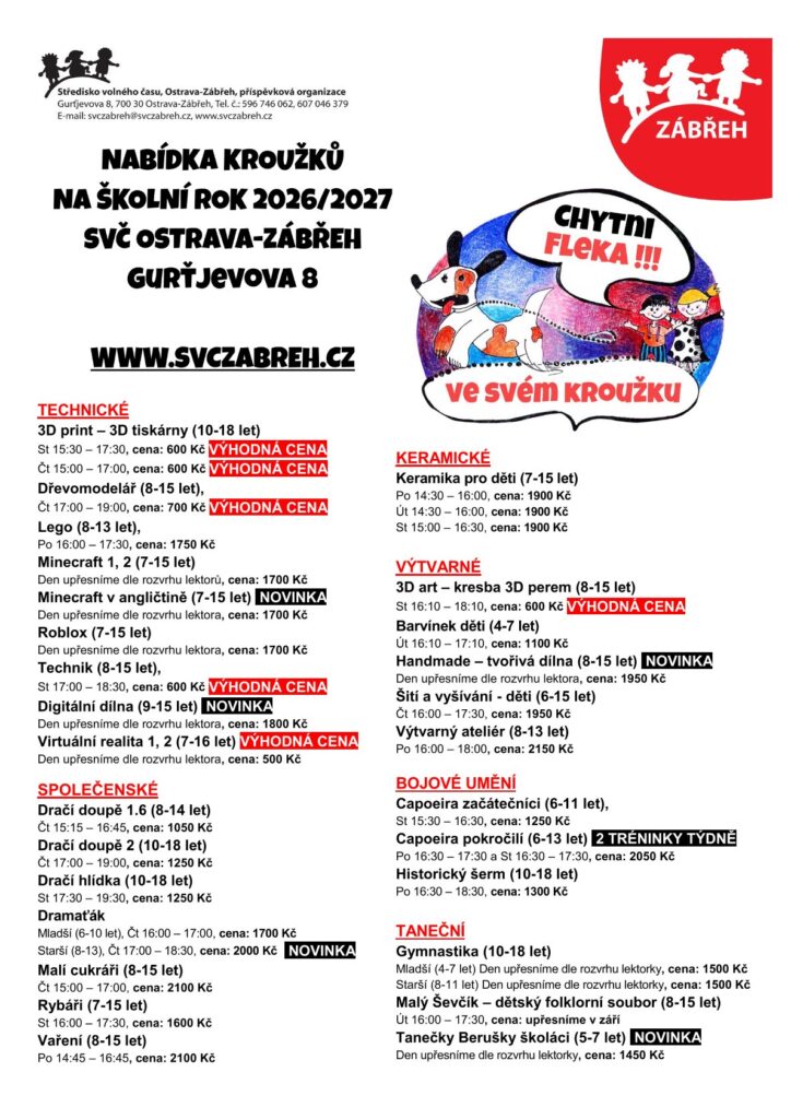 Výpis jednotlivých kroužků z nabídky na školní rok 2026/2027 SVČ Ostrava-Zábřeh